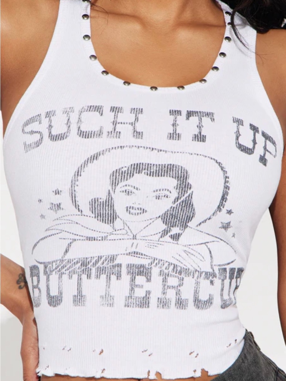 White Graphic Distressed Crop Tank Top with Pin Up